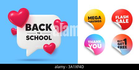 Bolla di discorso di ritorno a scuola, etichette adesive. Ricevi gratuitamente gli adesivi in vendita Flash. Torna alla targa scolastica. Offerta formativa. Slogan "fine vacanza". Grazie tag. Illustrazione Vettoriale