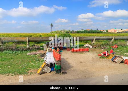 Vendere frutta e verdura nel mercato stradale in Marocco Foto Stock