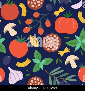 Modello senza cuciture con elementi vettoriali italiani. Pasta, pomodori, spezie e funghi, illustrazione vettoriale disegnata a mano. Illustrazione Vettoriale