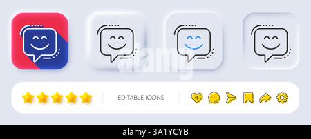 Icona della linea del sorriso. Segnale chat emoticon felice. Bolla del discorso. Pulsanti neumorfici. Vettore Illustrazione Vettoriale