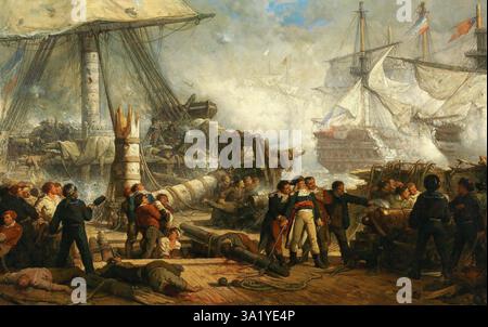 La battaglia di Trafalgar fu un importante scontro navale combattuto al largo delle coste spagnole nei pressi di Cadice. Il risultato fu una grande vittoria per la Royal Navy. Vide la distruzione delle flotte francesi e spagnole e assicurò il dominio navale britannico per il futuro prevedibile. Questo dipinto di Hendrik Frans Schaefels mostra Lord Nelson sul ponte distrutto della HMS Victory poco prima che gli sparassero. Foto Stock