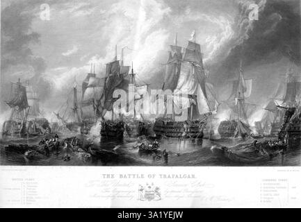 La battaglia di Trafalgar fu un importante scontro navale combattuto al largo delle coste spagnole nei pressi di Cadice. Il risultato fu una grande vittoria per la Royal Navy. Vide la distruzione delle flotte francesi e spagnole e assicurò il dominio navale britannico per il futuro prevedibile. Questa incisione di William Miller mostra i choas generali della battaglia. Foto Stock
