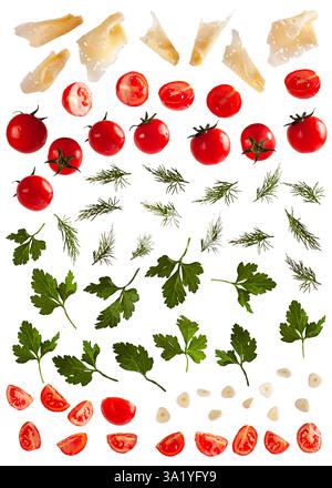 Prodotti: Pomodori, formaggio, aglio, erbe aromatiche, aneto, sedano, tagliato ​​and fotografato in diverse posizioni. Isolato. Foto Stock