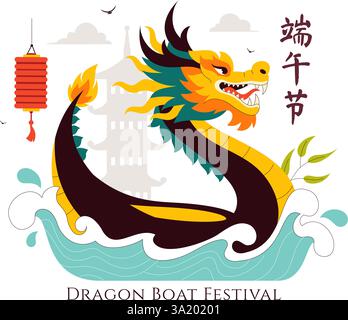 Duanwu Translation: Dragon Boat Festival illustrazione vettoriale con una corsa di barche draghi sul fiume, ha partecipato diverse persone in uno sfondo Illustrazione Vettoriale