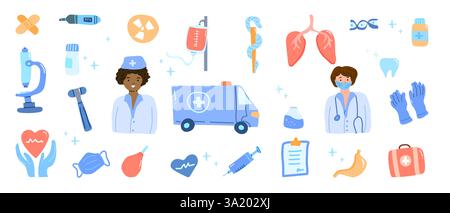 Kit di pronto soccorso e icone mediche sane, set di adesivi. Medico e vivaio, elementi di attrezzature per il doodle e organi interni. Per la progettazione didattica. Illustrazione Vettoriale