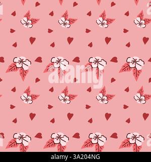 Motivo floreale rosa senza cuciture con cuori e foglie per un design decorativo. Illustrazione Vettoriale