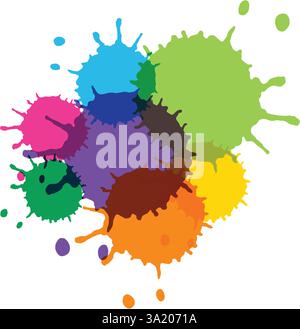 Illustrazione vettoriale dinamica con spruzzi di vernice colorati sovrapposti, con tonalità vivaci e composizione energica Illustrazione Vettoriale