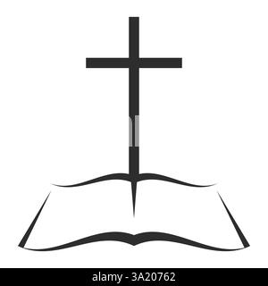 Bibbia e croce in cima. Rivelata la Sacra scrittura. Illustrazione vettoriale piatta isolata su sfondo bianco. Illustrazione Vettoriale