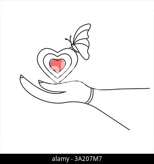 Grafica continua su una linea disegnando il vettore a forma di cuore illustrazione del concetto di amore minimalista Illustrazione Vettoriale