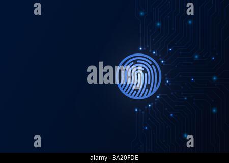 Scansione astratta delle impronte digitali di sicurezza informatica in background su circuito stampato, concetto di tecnologia di sicurezza informatica Illustrazione Vettoriale
