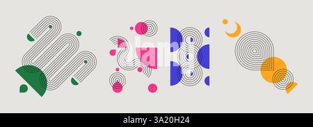 Set di forme geometriche colorate, linee e motivi: Design astratti e creativi con elementi curvi minimalisti, archi, strisce, cerchi. Composizione divertente in stile metà secolo. Vettoriale decorativo di tendenza Illustrazione Vettoriale