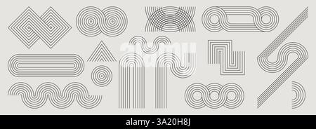 Set di forme geometriche architettoniche: Archi e curve moderne, linee e strisce, spirali e cerchi concentrici puliti. Collezione di elementi di design minimalisti stilizzati e alla moda della metà del secolo. Illustrazione Vettoriale