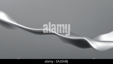 Illustrazione a onde cromate metallizzate - elegante linea curva color argento lucido, forma fluida e dinamica su sfondo grigio. Elegante design in metallo astratto, elegante e futuristica curva, elemento ondulato in alluminio. Illustrazione Vettoriale