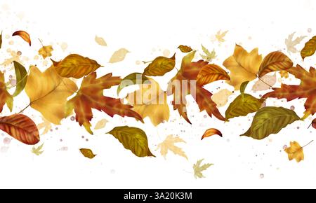 Foglie autunnali fluttuanti. Elegante bordo senza cuciture. Foglie di acero e betulla volanti isolate su sfondo bianco. Illustrazione acquerello in digi Foto Stock
