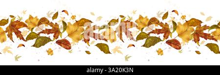 Foglie autunnali fluttuanti. Elegante bordo senza cuciture. Foglie di acero e betulla volanti isolate su sfondo bianco. Illustrazione acquerello in digi Foto Stock