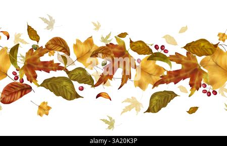 Foglie autunnali fluttuanti. Elegante bordo senza cuciture. Foglie di acero e betulla volanti isolate su sfondo bianco. Illustrazione acquerello in digi Foto Stock