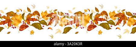 Foglie autunnali fluttuanti. Elegante bordo senza cuciture. Foglie di acero e betulla volanti isolate su sfondo bianco. Illustrazione acquerello in digi Foto Stock