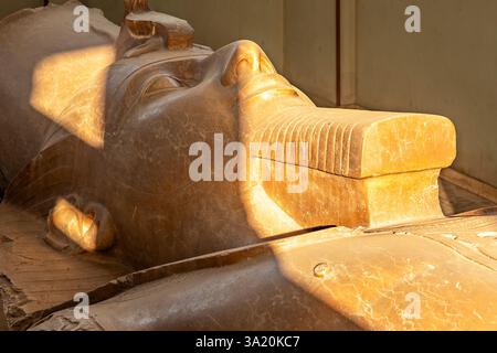 Menfi, Egitto; 20 gennaio 2024: Ammira l'imponente statua del colosso Ramses II a Menfi, il cuore dell'antico Egitto, vicino al Cairo. Foto Stock