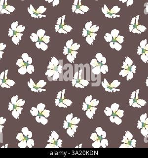 Fiori di mandorla senza cuciture vettoriale disegnato a mano, motivi botanici, fiori stilizzati su sfondo marrone. Illustrazione del vettore Almond disegnata a mano. Carta da parati, Illustrazione Vettoriale