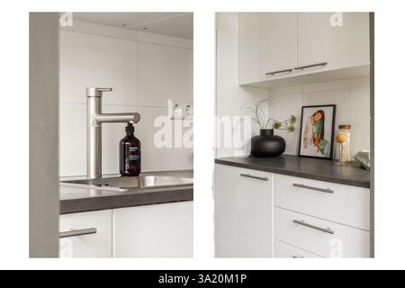 Una cucina contemporanea con eleganti mobili, un rubinetto elegante ed elementi decorativi che ne esaltano l'estetica e la funzionalità. Foto Stock