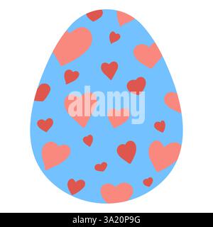 Un uovo di Pasqua blu ricoperto di forme di cuore rosse e rosa, simboleggia l'amore, la felicità e le festività natalizie in uno stile moderno. Illustrazione Vettoriale
