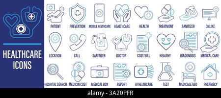 Icone sanitarie set di vettori, stile contorno icone sanitarie isolate su sfondo bianco. Illustrazione Vettoriale