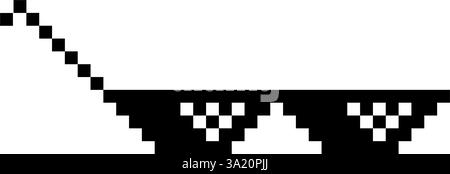 Divertenti occhiali da sole pixelati. Semplice illustrazione lineare degli occhiali Black Pixel Boss a 8 bit. Occhiali eleganti, design perfetto per qualsiasi scopo su bianco Illustrazione Vettoriale