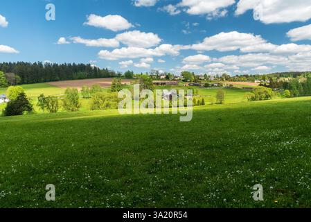 Campagna collinare primaverile sopra la città di Markneukirchen in Germania, con un insediamento squallido, prati fioriti, campi e cielo blu con nuvole Foto Stock