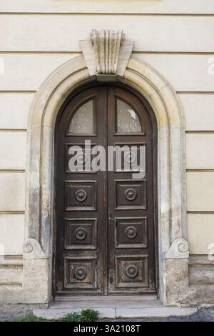 Questa accattivante porta in legno presenta intagli dettagliati e pannelli rotondi, incorniciati da una splendida facciata in pietra invecchiata, che mostra il fascino della storia Foto Stock