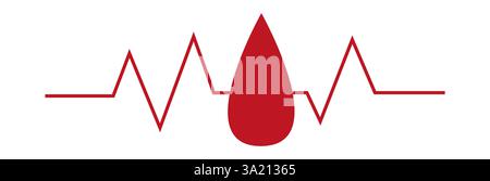 Goccia di sangue rossa con linea dell'elettrocardiogramma isolata su sfondo bianco. Simbolo medico e sanitario per la donazione e la salute cardiovascolare. Illustrazione Vettoriale