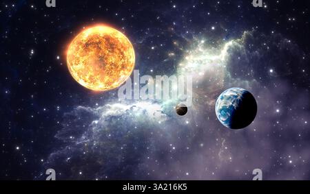 Pianeti esopianeti o pianeti extrasolari su nebulosa di sfondo, illustrazione Foto Stock