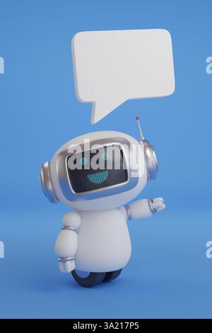 Simpatico robot con bolla vocale su sfondo blu. illustrazione 3d. Foto Stock