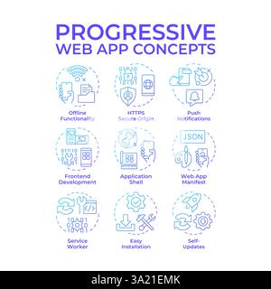 Icone di concetto gradiente blu dell'app Web progressiva Illustrazione Vettoriale