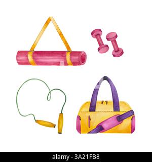 Dotata di attrezzature fitness. Corda per saltare, tappetino da ginnastica, manubri e borsa sportiva. Illustrazione ad acquerello brillante isolata dallo sfondo. Per Foto Stock