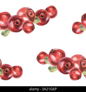 Colore rosso delle bacche della foresta con motivo ad acquerello senza cuciture. Sfondo di mirtilli rossi disegnato a mano, pittura botanica per imballaggio prodotti, carta da parati, design scrapbookig Foto Stock