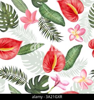 Motivo senza cuciture con antouri, fiori di plumeria e foglie tropicali. Acquerello disegnato a mano . Per decorazione, carta da parati, carta digitale, tessuto Foto Stock