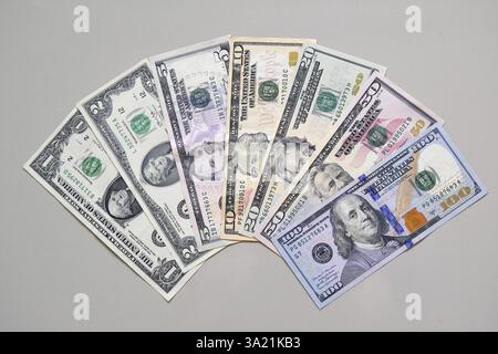 Banconote in dollari correnti 1, 2, 5, 10, 20, 50, 100 dollari come compartimenti Foto Stock