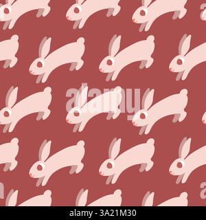 Motivo senza cuciture con conigli giocosi su un caldo sfondo rosso Illustrazione Vettoriale