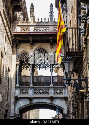 El Pont del Bisbe (Ponte del Vescovo) che attraversa il Carrer del Bisbe nel quartiere gotico di Barcellona. Foto Stock
