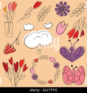 Set botanico stravagante con composizioni floreali e disegni astratti a farfalla Illustrazione Vettoriale