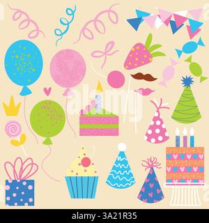 Icone colorate per feste con palloncini, cappelli da festa, torta e regali Illustrazione Vettoriale