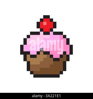 Icona vettoriale cupcake. Design pixel art. Ciliegia glassata rosa. Base di torta marrone. Illustrazione Vettoriale