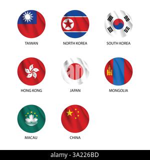 bandiere rotonde dei paesi dell'asia orientale come distintivi Illustrazione Vettoriale