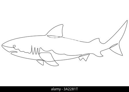 Un disegno continuo a linea singola di pesci marini di squalo delinea un'illustrazione minimalista vettoriale Illustrazione Vettoriale