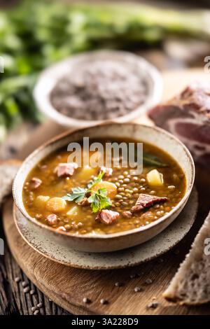 Stufato di lenticchie o zuppa con carne di maiale affumicata, piatti tradizionali slovacchi o cechi. Foto Stock