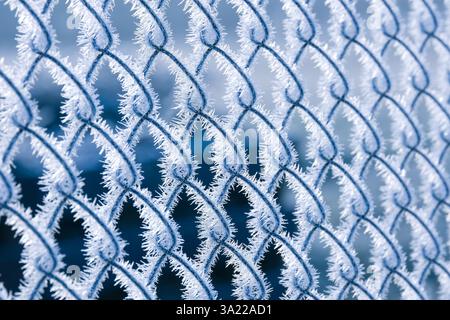 Questa splendida immagine presenta una recinzione a catena ricoperta di ghiaccio con scintillanti cristalli di ghiaccio che brillano su un sereno sfondo blu, che mette in mostra la natura delicata e dettagli intriganti Foto Stock