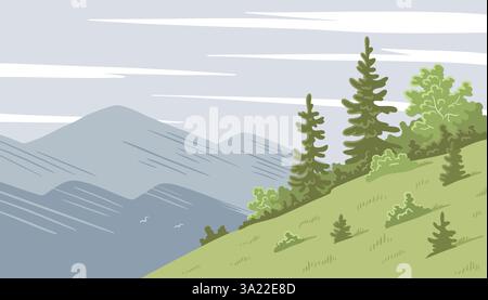 Illustrazione di una foresta verde in montagna Illustrazione Vettoriale