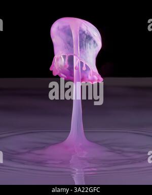 Immagini stravaganti di due gocce d'acqua che si scontrano creando forme insolite Foto Stock