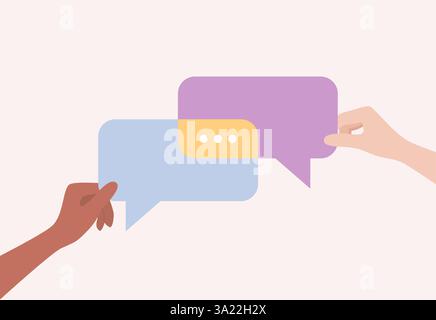 Mani di persone con tonalità della pelle diverse che hanno bolle colorate che si intersecano tra loro. Illustrazione vettoriale piatta Illustrazione Vettoriale