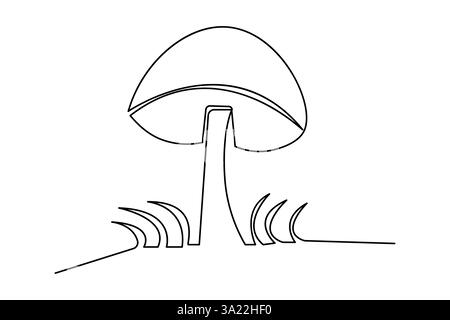 Immagine a linea singola continua a fungo e illustrazione vettoriale con contorno isolato Illustrazione Vettoriale